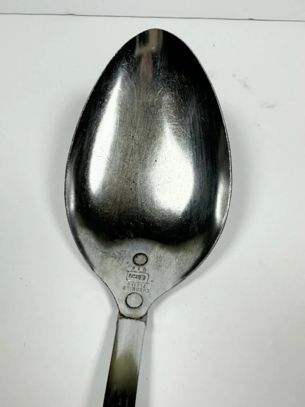 Vintage EKCO USA Stainless Steel Serving Spoon Black Plastic Handle Utensil MCM